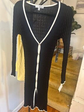 SWTR NWT MSRP $180- Black Ribbed Button-Front Midi Dress with White Lettuce Trim